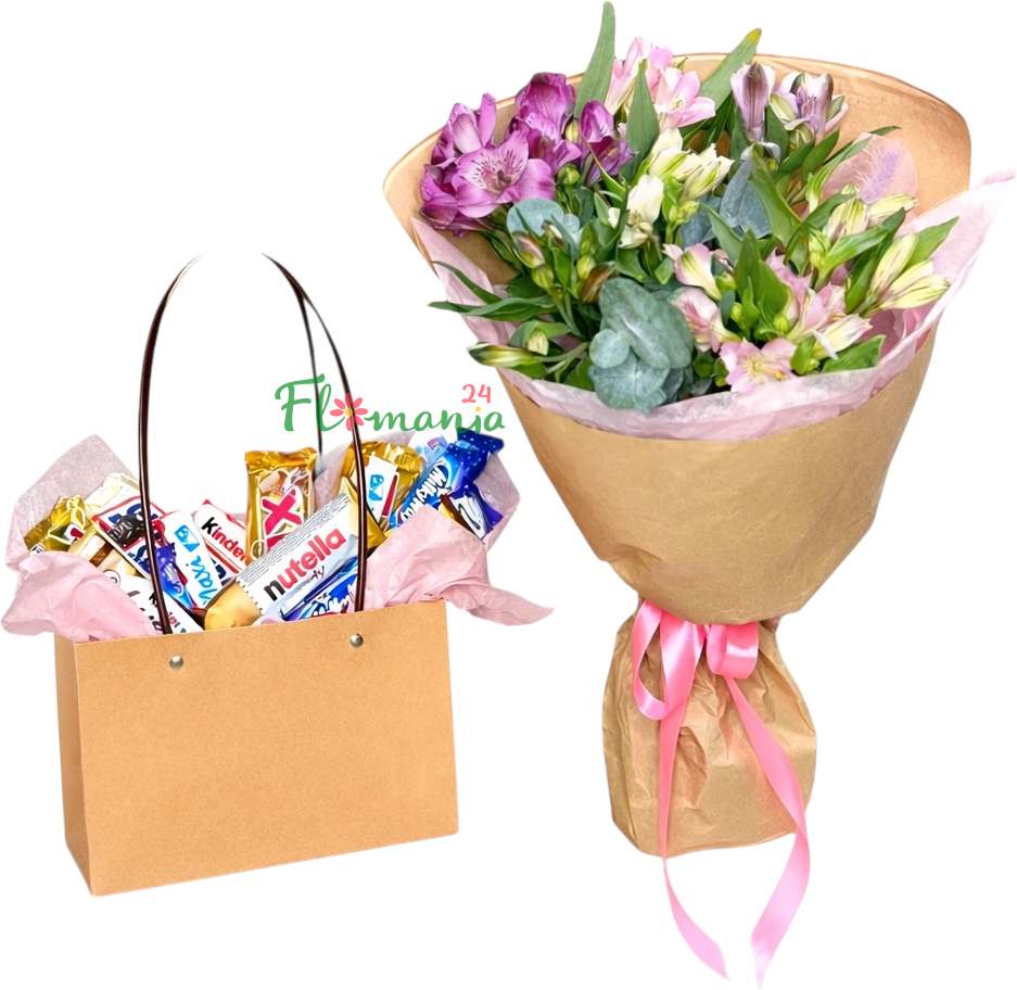 Букет из альстромерий и сумочка со сладостями